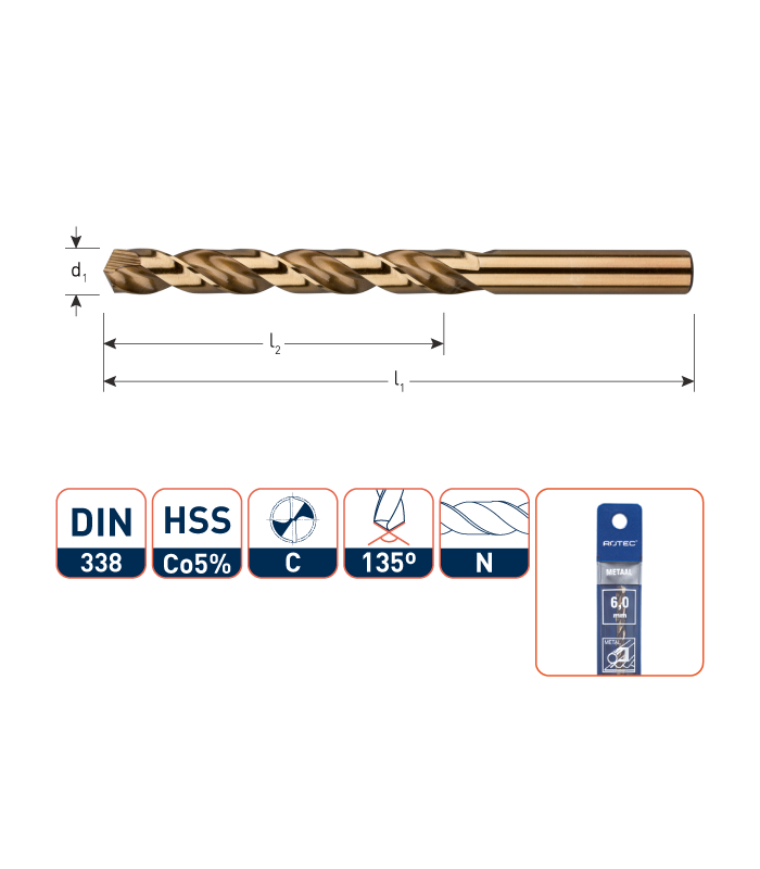 ROTEC HSS-Co5 Spiraalboor DIN 338 Cobalt splitpoint  1,0 mm (etui) per 1