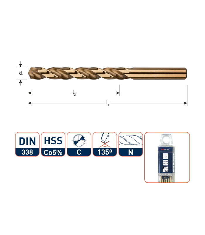 ROTEC HSS-Co5 Spiraalboor DIN 338 Cobalt splitpoint  1,3 mm per 10