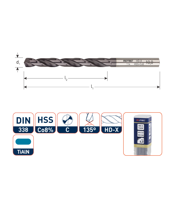 Werkö HSS-Co8 Spiraalboor DIN 338 HD-X TiAlN  1,10 mm per 10