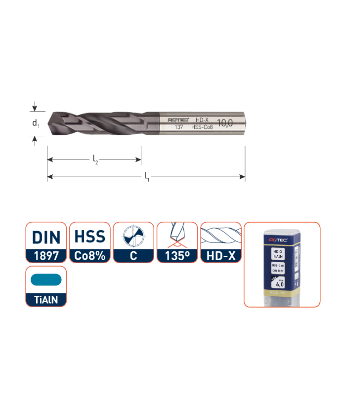 Werkö HSS-Co8 Spiraalb. DIN 1897 N-HD TiAlN  1,90 mm per 1