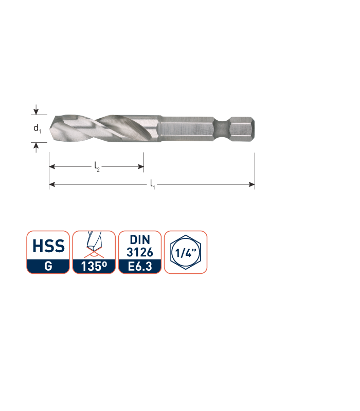 ROTEC HSS-G Boor-bit E6,3 DIN3126  3,0x16/47 mm per 0