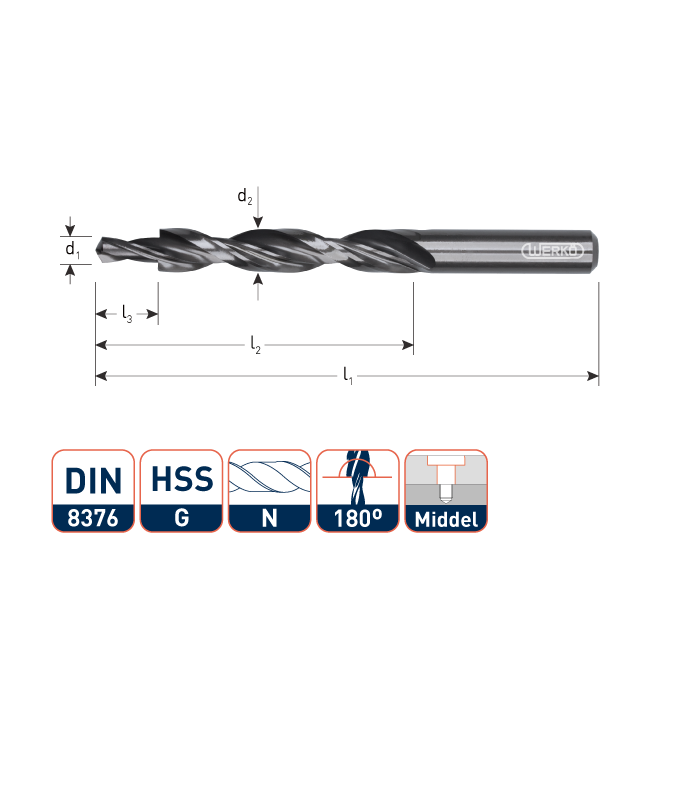 Werkö HSS Meerfasenboor    DIN 8376 180°  M 8  15,0x9,0 per 0