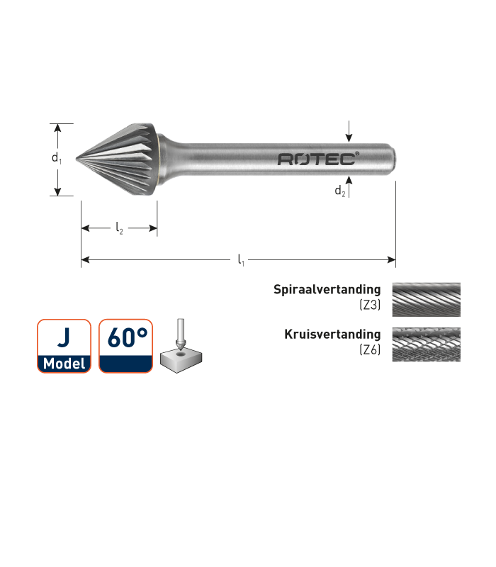 ROTEC HM-Stiftfrees, model J
Z3 / Spiraalvertand / ø3x2,5x38xø3mm 60° per 0