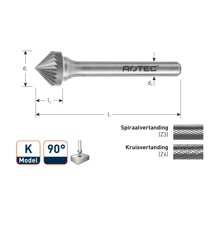 ROTEC HM-Stiftfrees, model K
Z3 / Spiraalvertand / ø6x3x50xø6mm 90° per 1