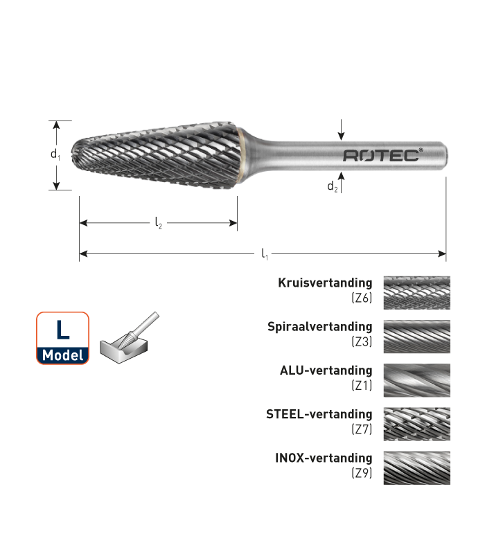 ROTEC HM-Stiftfrees, model L
Z6 / Kruisvertand / ø8x25,4x70xø6mm per 0