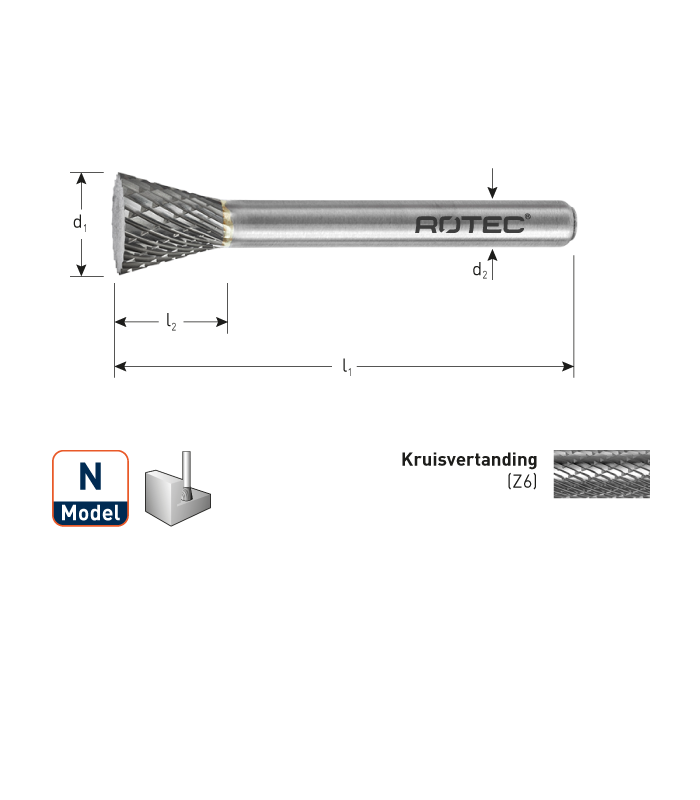 ROTEC HM-Stiftfrees, model N
Z6 / Kruisvertand / ø6x8x50xø6mm per 1