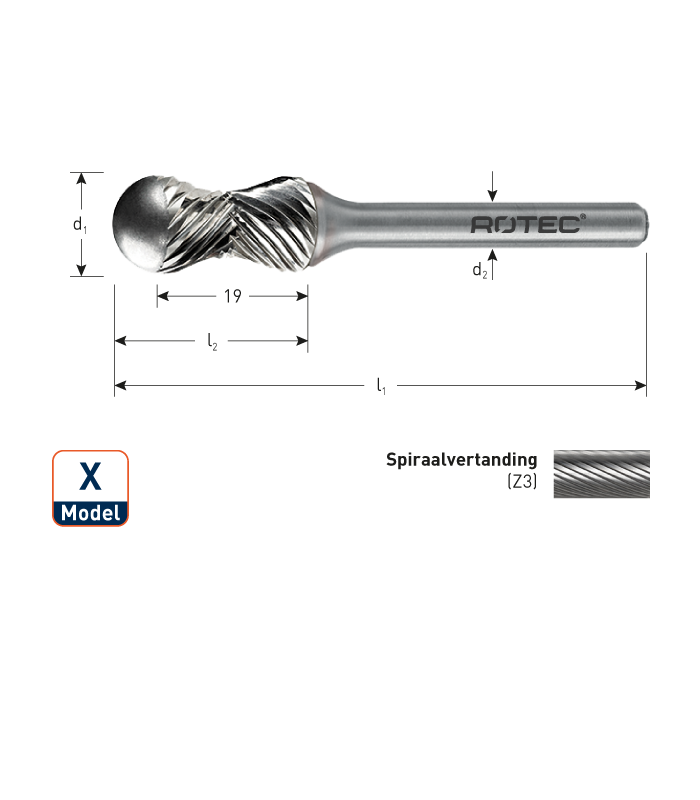 ROTEC HM-Stiftfrees, model X
Z3 / Spiraalvertand / ø12,8x25x70xø6mm per 0