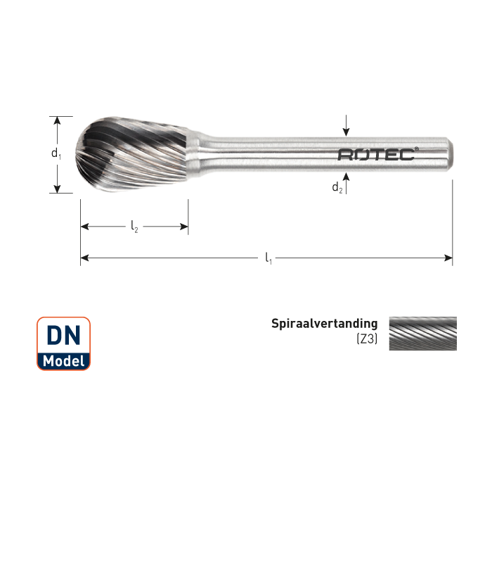 ROTEC HM-Stiftfrees, model DN
Z3 / Spiraalvertand / ø12,8x20x63xø6mm per 0