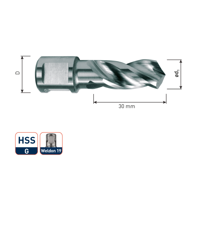 HSS-E Spiraalboor, weldon 19mm, ø10x30mm per 0