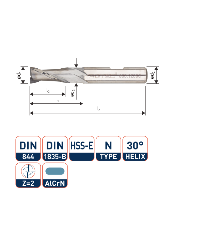 ROTEC HSS-E Spiebaanfrees, AlCrN-gecoat, ø2
ø2x7x51xø6mm Z-2 / DIN 844-B / Kort
 per 0