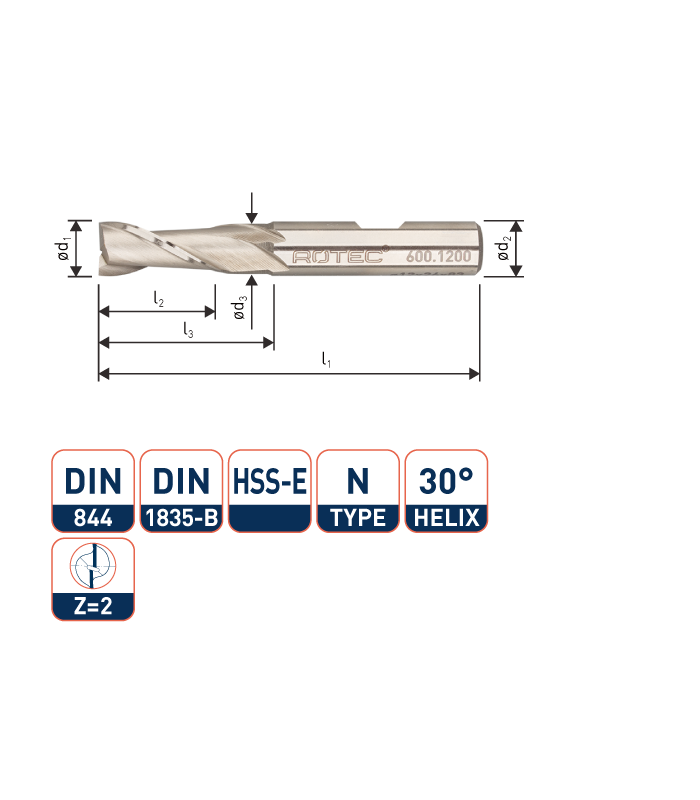 ROTEC HSS-E Spiebaanfrees, ongecoat, ø4,5
ø4,5x13x57xø6mm Z-2 / DIN 844-B / Kort
 per 0