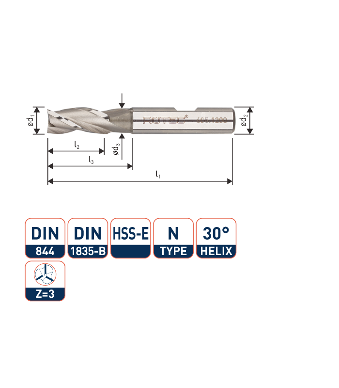 ROTEC HSS-E Universeelfrees, ongecoat, ø4,5
ø4,5x13x57xø6mm Z-3 / DIN 844-B / Kort
 per 0