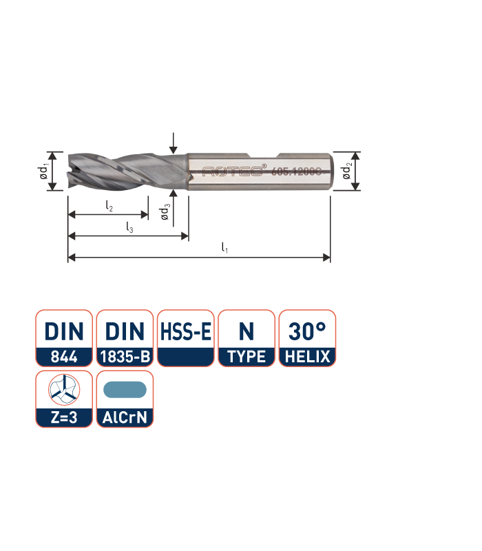 ROTEC HSS-E Universeelfrees, AlCrN-gecoat, ø12
ø12x26x83xø12mm Z-3 / DIN 844-B / Kort
 per 0