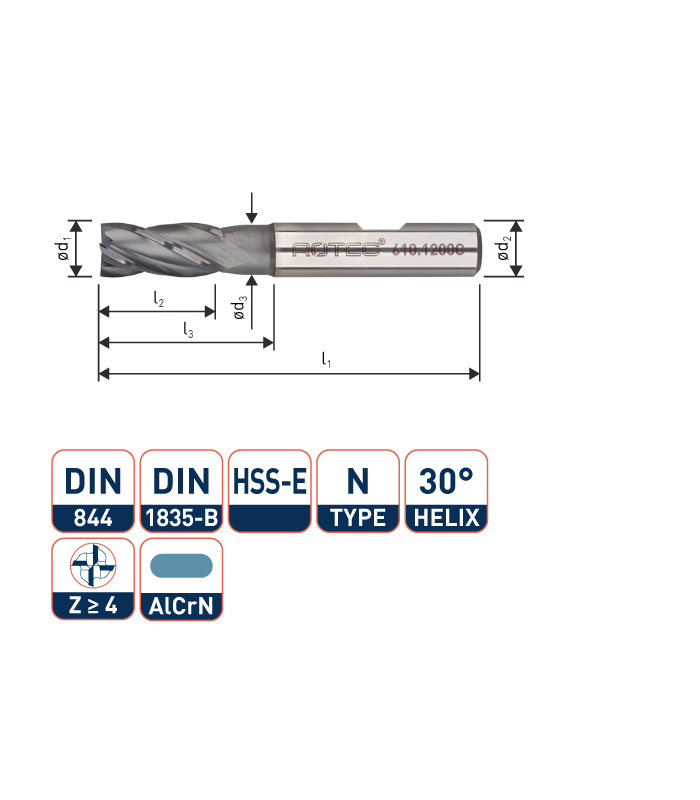 ROTEC HSS-E Vingerfrees, AlCrN-gecoat, ø4
ø4x11x55xø6mm Z-4 / DIN 844-B / Kort
 per 0