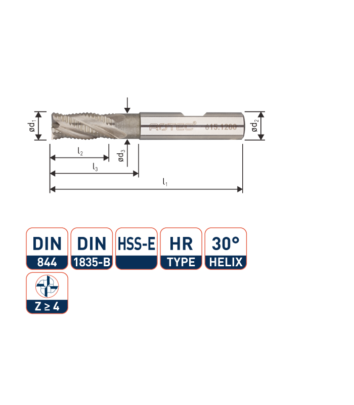 ROTEC HSS-E Ruwfrees, ongecoat, ø5
ø5x13x57xø6mm Z-4 / HR / DIN 844-B / Kort
 per 0