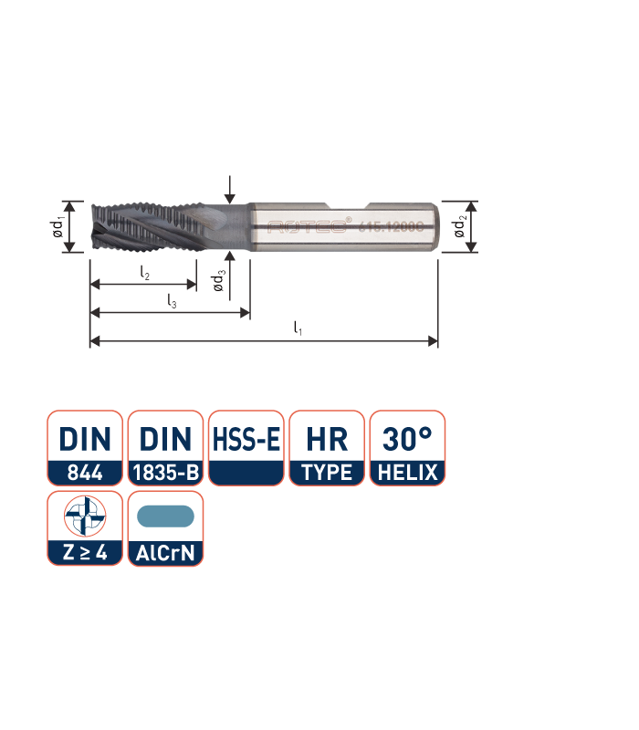 ROTEC HSS-E Ruwfrees, AlCrN-gecoat, ø8
ø8x19x63xø8mm Z-4 / HR / DIN 844-B / Kort
 per 0