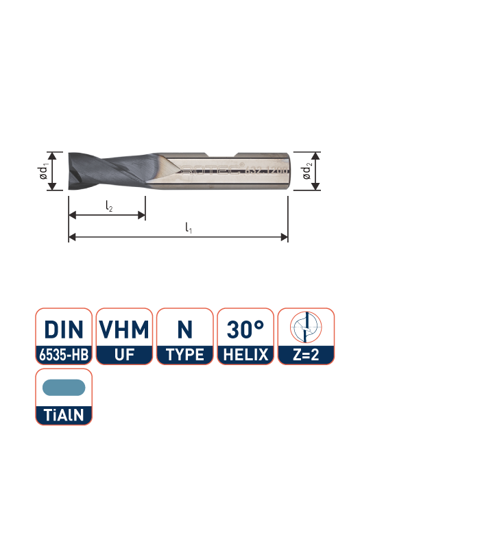 ROTEC VHM Spiebaanfrees, TiAlN-gecoat, ø2
Silver-Line / ø2x6x50xø6mm Z-2 / Kort
 per 1
