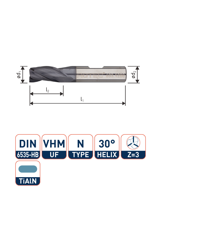 ROTEC VHM Universeelfrees, TiAlN-gecoat, ø1
Silver-Line / ø1x5x50xø6mm Z-3 / Kort
 per 1