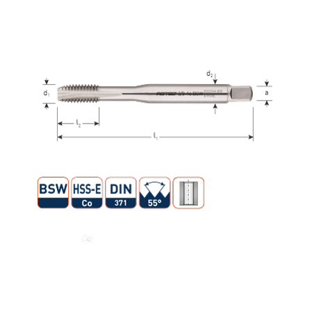 HSS-Co 800 Machinetap  BSW (Whitworth)  DIN 371  doorlopend